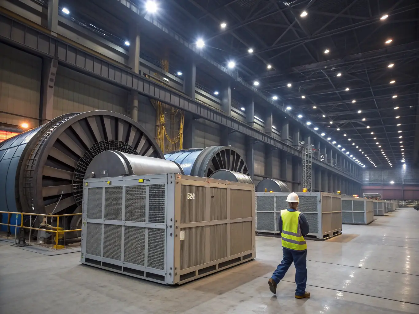 A detailed image showcasing pleated filter bags installed in a power plant, filtering emissions from a coal-fired boiler. The scene should emphasize the scale and importance of the filtration system in maintaining environmental standards.